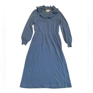 Vintage 70s Holt Renfrew Blue Knit Ruffle Collar Midi Dress Sz 12